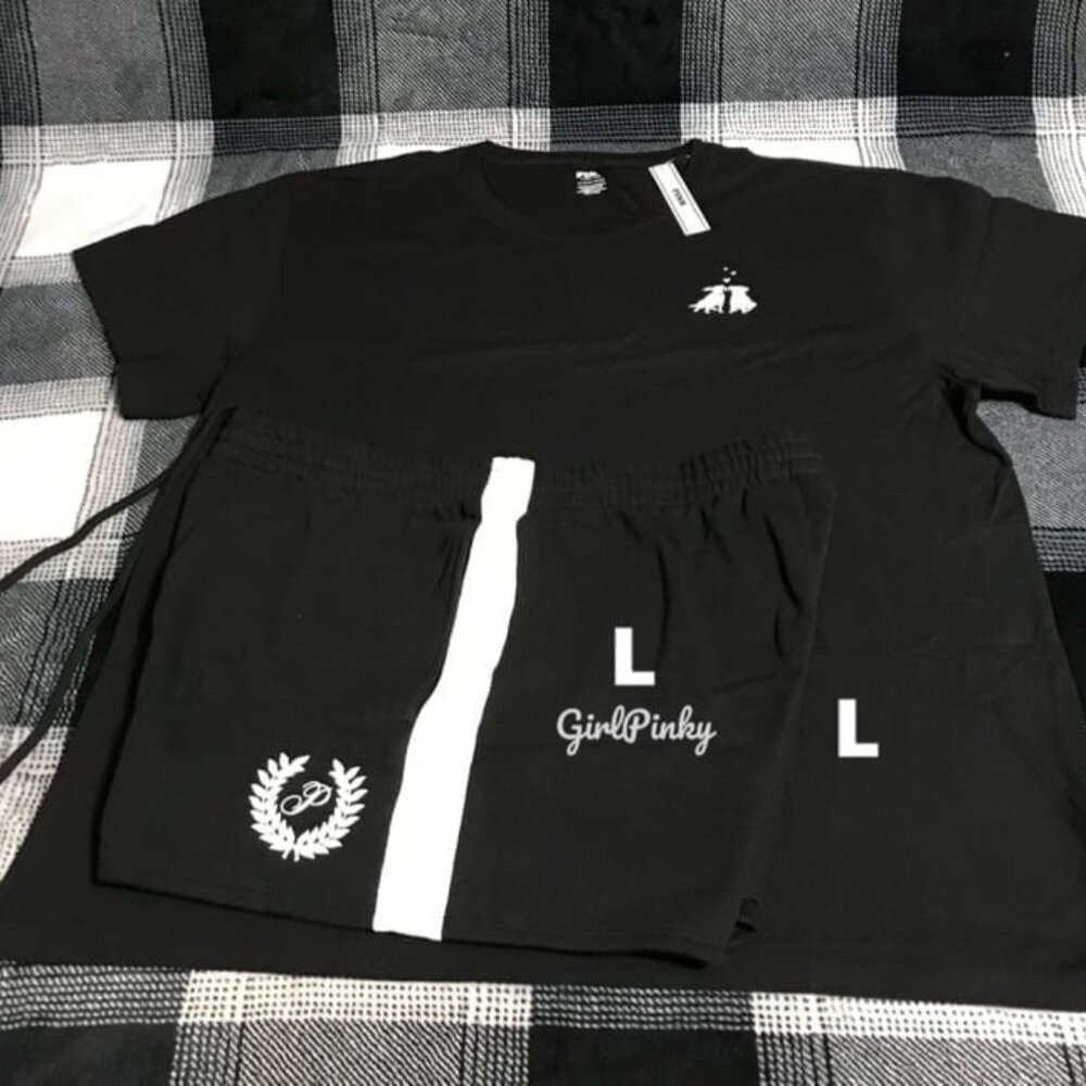 victoria secret PINK shorts OUTFIT WITH BLACK CAMPUS TEE MINI DOG LOGO LARGE